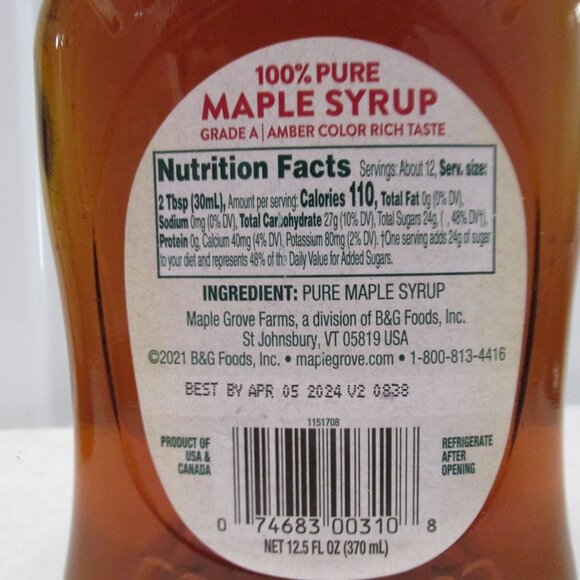 MAPLE GROVE FARMS 100% Pure Maple Syrup 12.5 fl oz Grade A Lot #2 - Picture 3 of 6